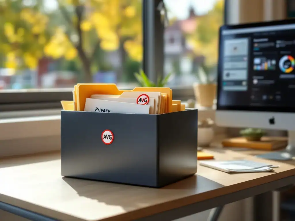 Digitaal archiefsysteem met AVG-gemarkeerde en onbeschermde mappen op een schoolbureau, met zicht op een Nederlands schoolplein en privacydashboard op computerscherm.