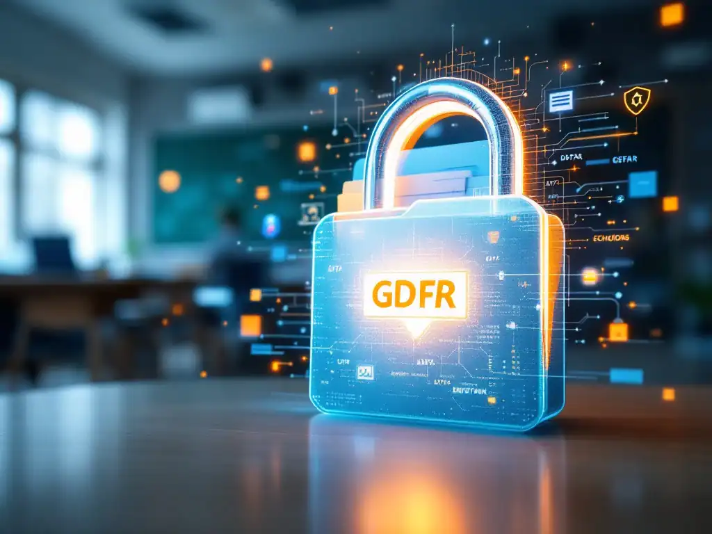 Digitaal beveiligingsslot beschermt schooldocumenten met GDPR-bescherming in moderne klasomgeving, geaccentueerd door professionele blauwe en witte kleuren.