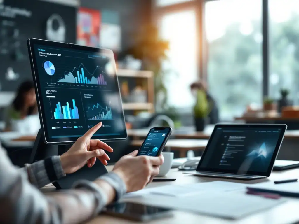 Leraar gebruikt interactief touchscreen met onderwijsanalyses en digitale vaardigheden, omringd door educatieve apps op diverse apparaten in een moderne Nederlandse klas.