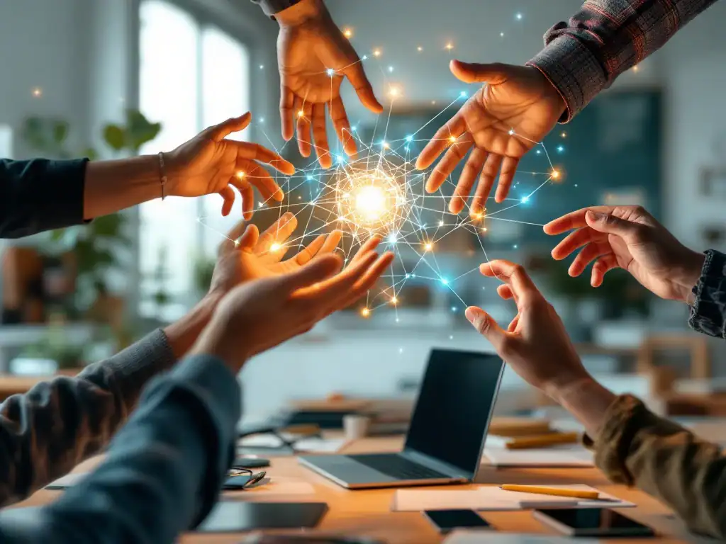 Onderwijsprofessionals reiken naar een gloeiend netwerkknooppunt dat verbindingen vormt tussen digitale apparaten en leermaterialen in een moderne klasomgeving.