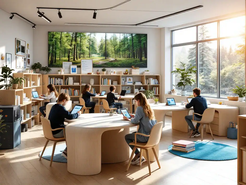 Moderne Finse klaslokaal met houten meubilair waar leerlingen samenwerken op tablets tegen een achtergrond van Noordse bossen, natuurlijk licht en blauwe accenten.