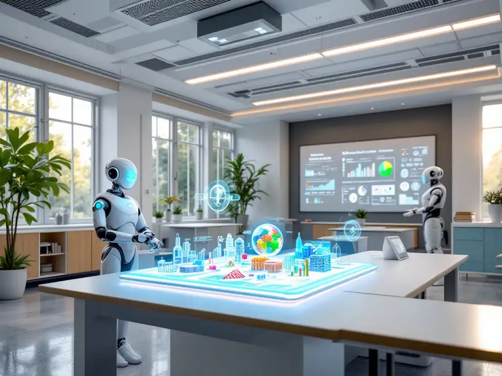 Futuristisch klaslokaal met holografische displays, slimme borden, robotassistenten en duurzame materialen in de kenmerkende blauwe en groene kleuren van De Rolf Groep.