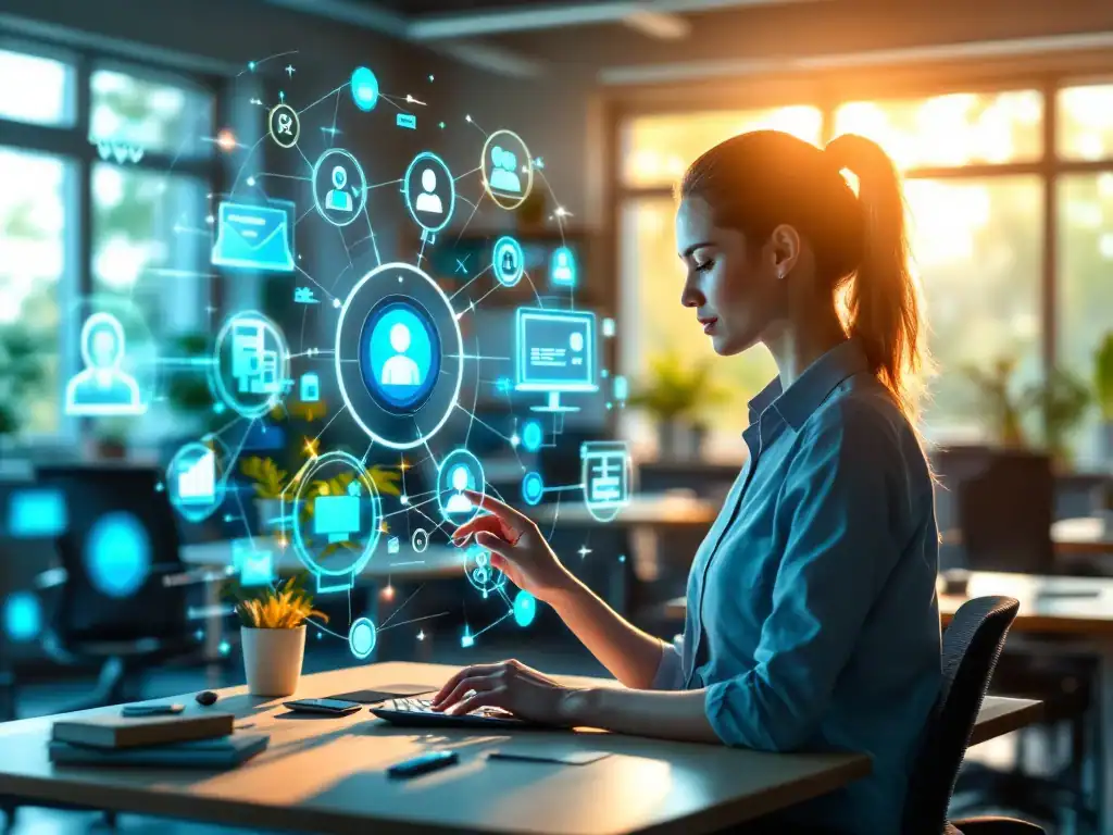 Toekomstgerichte Nederlandse leraar gebruikt holografische technologie in een moderne klasomgeving met natuurlijk licht en ergonomisch meubilair voor digitale vaardigheden 2025.