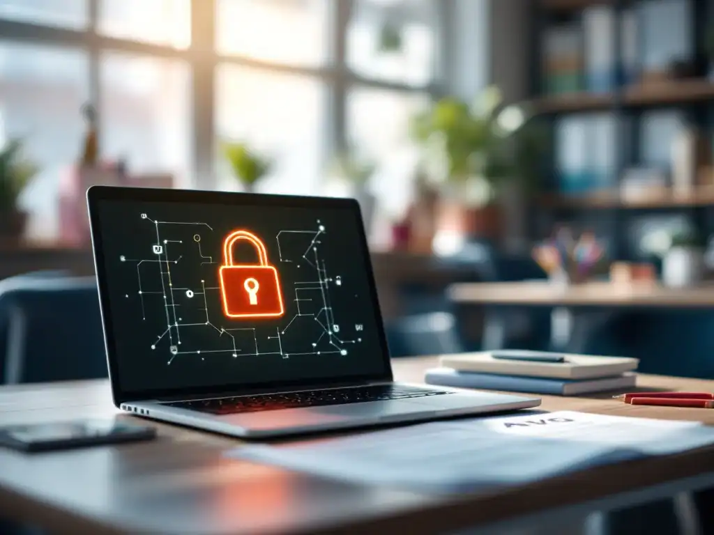 Laptop met digitaal hangslot en AVG-waarschuwing op een schoolbureau, omringd door onderwijsmaterialen in natuurlijk licht met rode accenten.