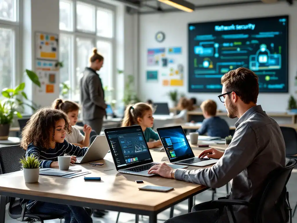 ICT-coördinator helpt leraar in moderne klaslokaal met tablets en beveiligingssoftware terwijl leerlingen digitaal leren in een lichte ruimte.