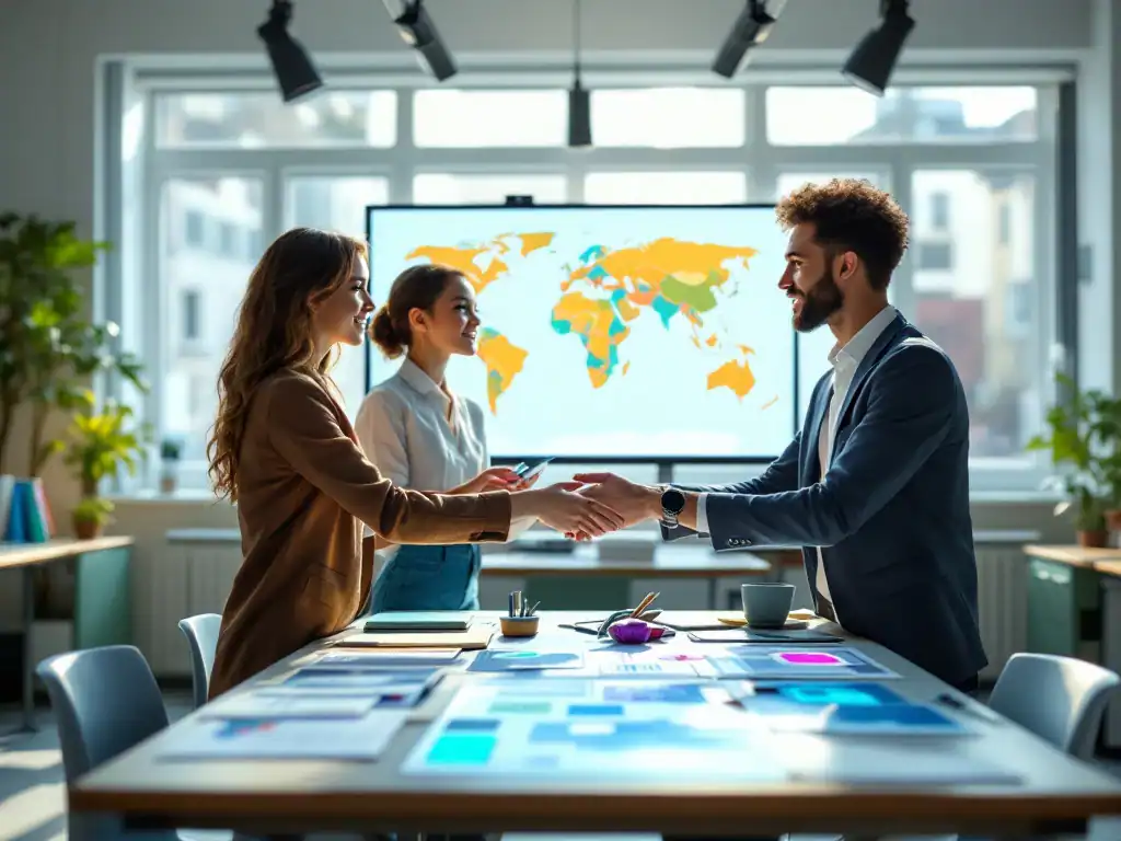 Nederlandse en internationale studenten werken samen in een moderne leeromgeving met digitale leermiddelen, wereldkaart en internationale verbindingen op het scherm.