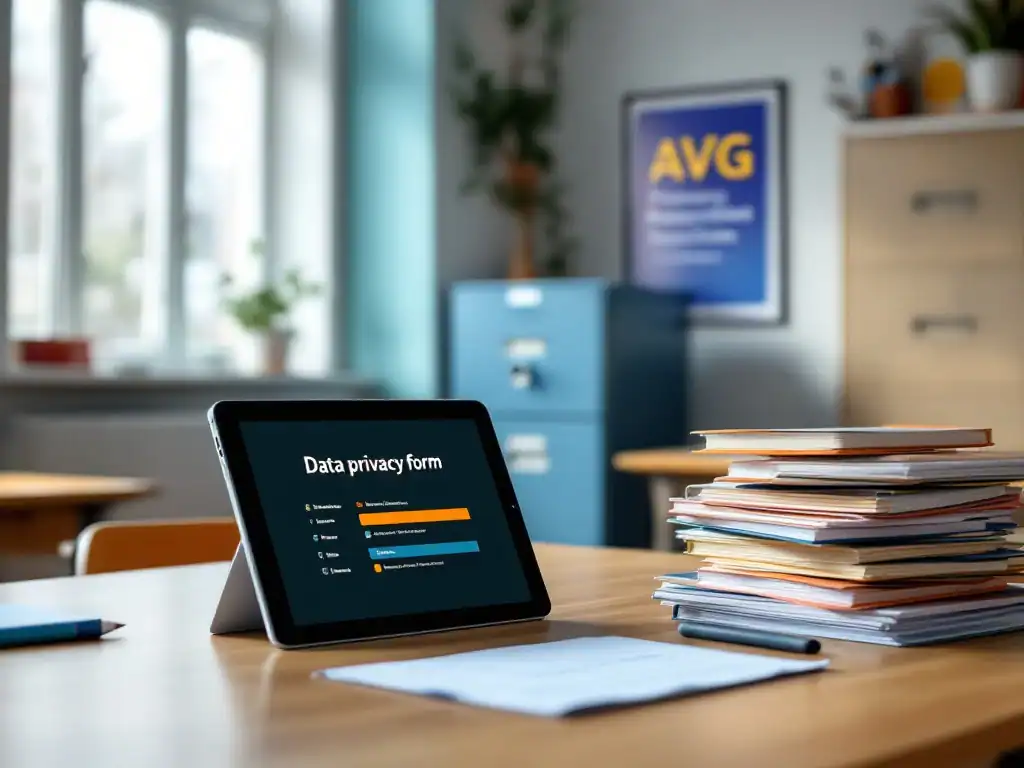 Modern klaslokaal met docentenbureau, privacyformulier op tablet, beveiligde archiefkast en AVG-poster, in natuurlijk licht met blauwe en oranje accenten.