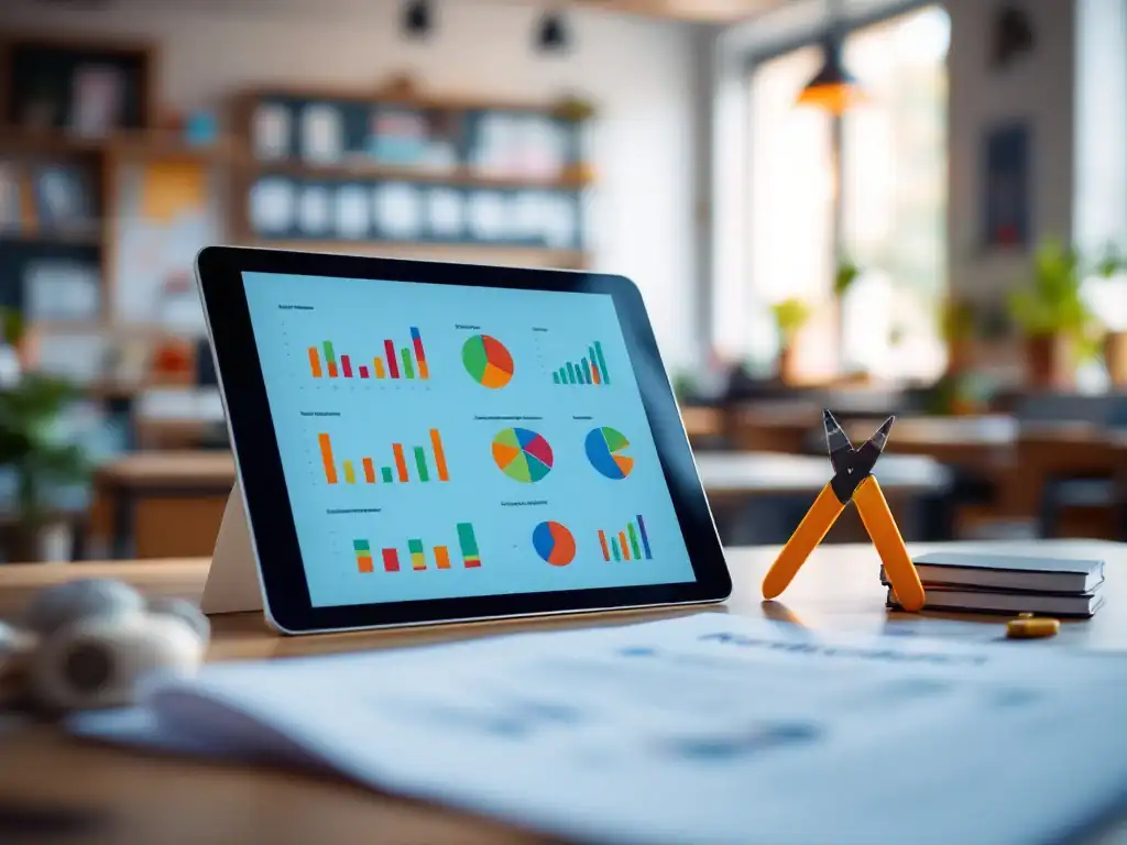 Modern klaslokaal met meetinstrumenten, tablet met analysediagrammen, certificaat en georganiseerde professionele ontwikkelingsmaterialen in een sfeer van onderwijskwaliteitsmeting.