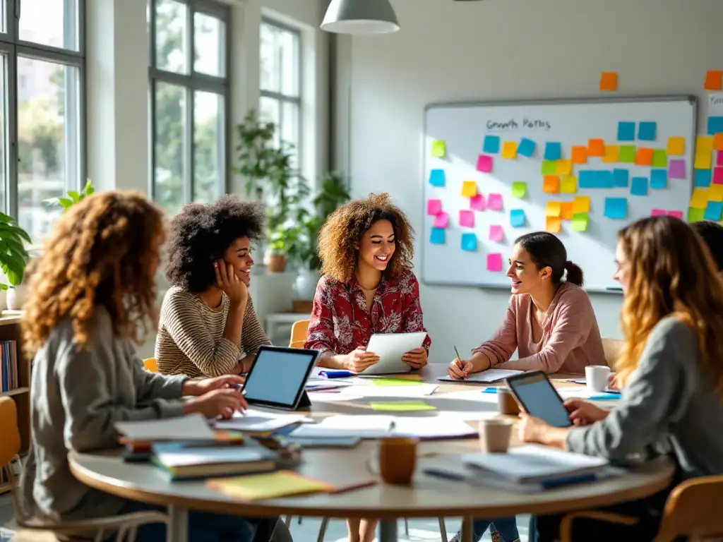 Diverse groep leraren werkt samen aan een ronde tafel met tablets en leermaterialen tijdens een professionele ontwikkelingsworkshop in een lichte, moderne klasomgeving.