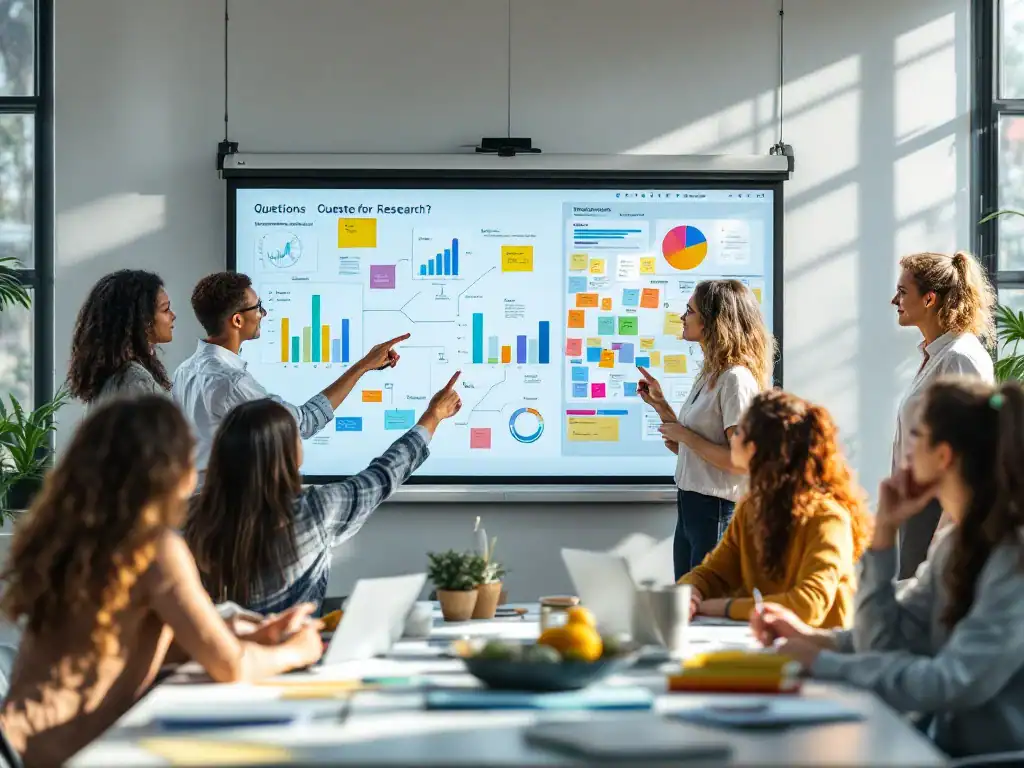 Diverse leerkrachten werken samen aan onderzoek rond een interactief whiteboard met datavisualisaties en ideeënbord in een lichte, moderne leeromgeving.