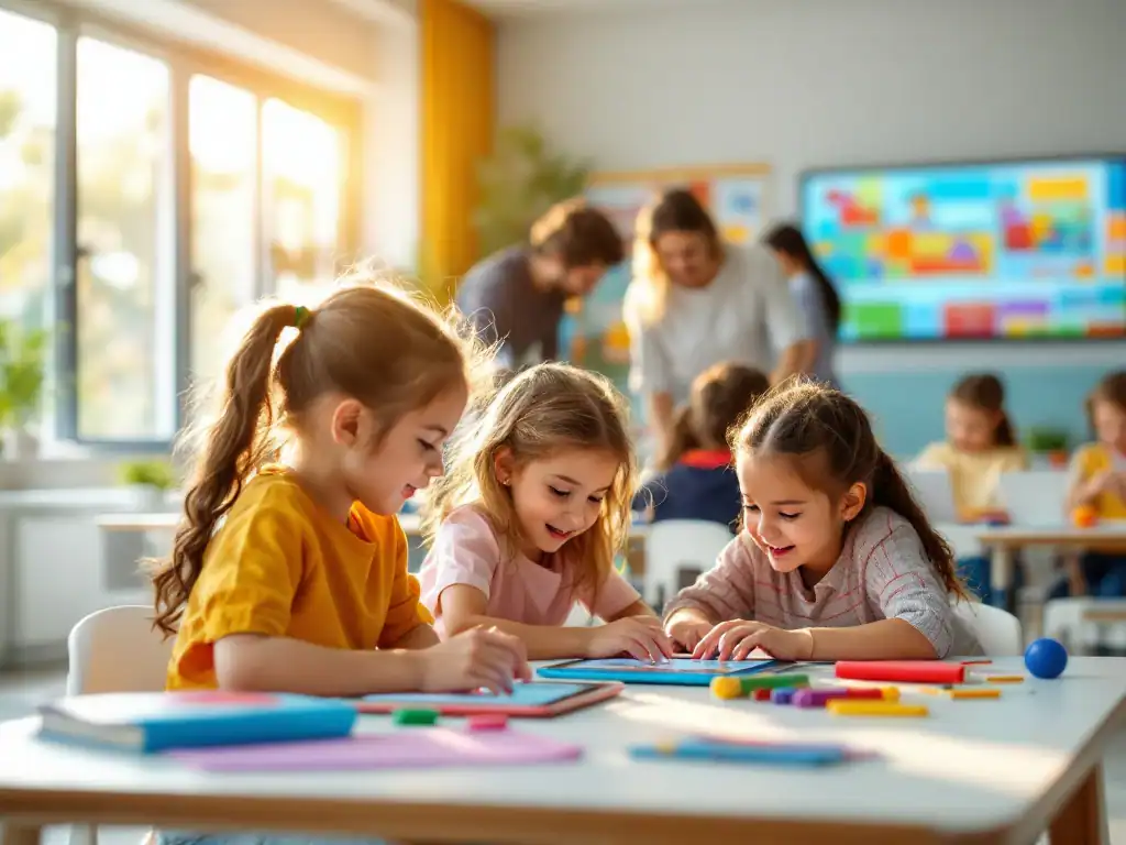 Moderne klaslokaal waar kinderen digitale leermiddelen gebruiken onder begeleiding van leerkrachten, in een lichte ruimte met kleurrijke educatieve materialen.