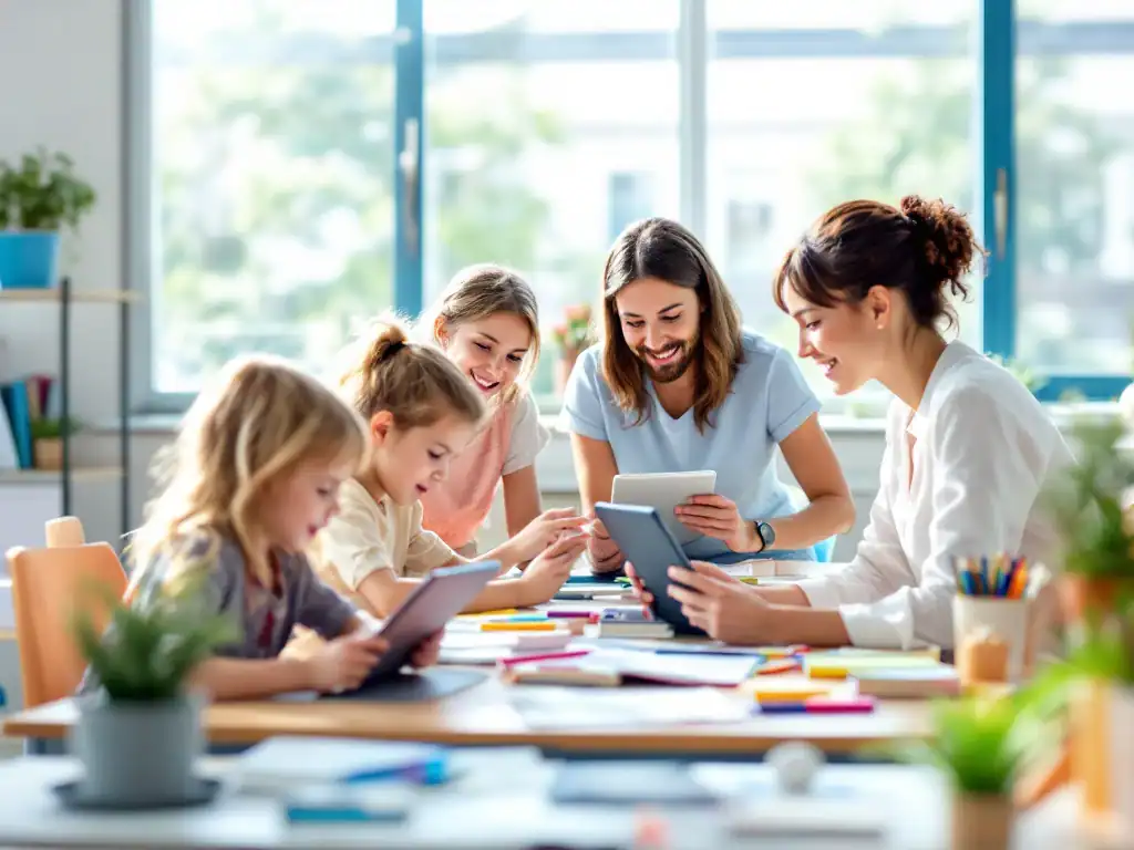 Basisschoolleerlingen werken op tablets en computers in een lichte, moderne klas terwijl leraren hen begeleiden in een digitale leeromgeving.