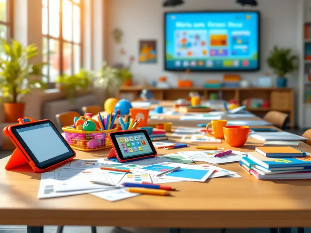 Modern klaslokaal met digitale en traditionele leermiddelen op houten tafel, smartboard op achtergrond, verlicht door natuurlijk licht in De Rolf Groep's kleuren.