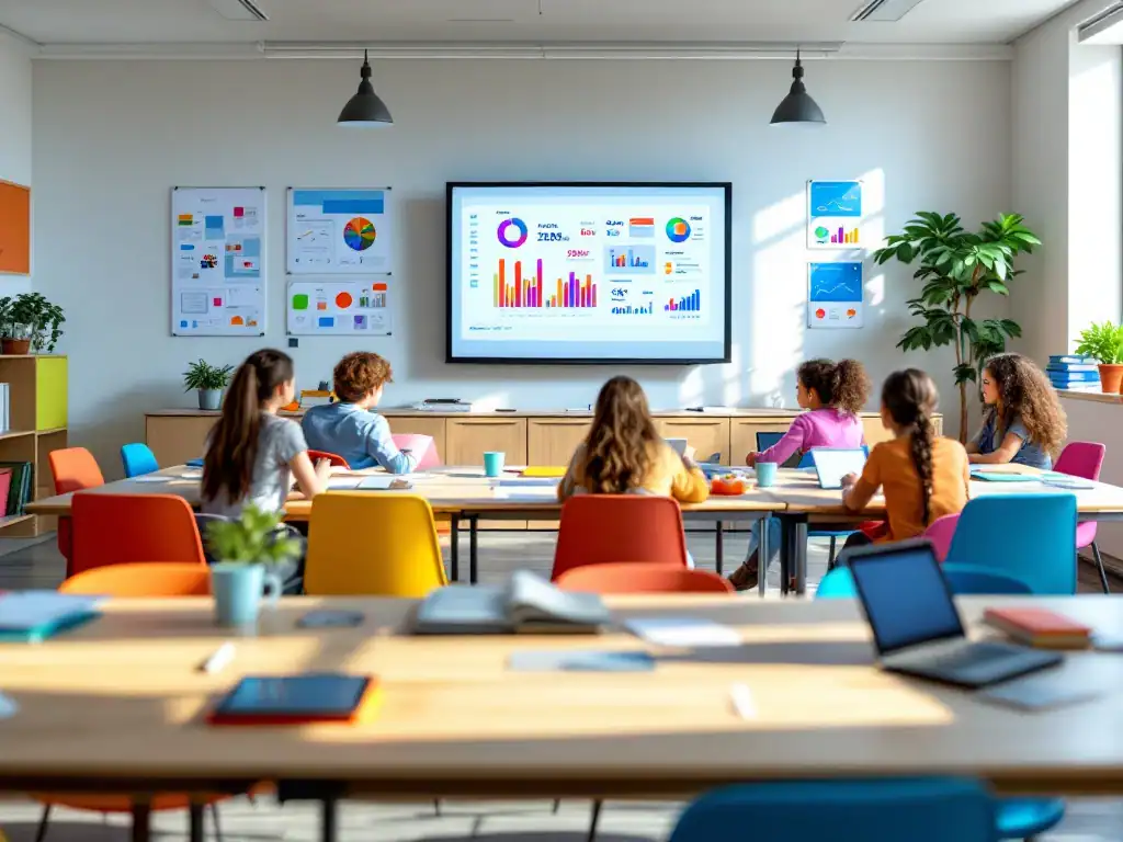 Modern klaslokaal met natuurlijk licht, ergonomisch meubilair en interactief whiteboard. Educatieve materialen op tafels en studentenprojecten aan de muur.