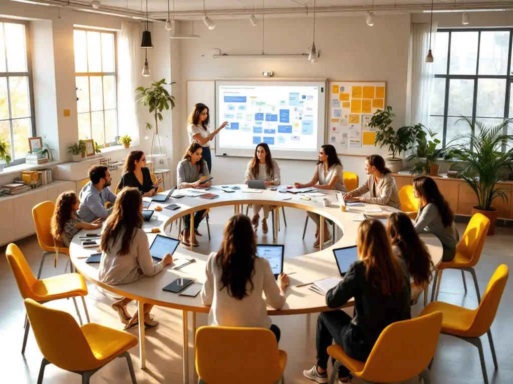 Moderne klaslokaal met docenten in kennisdelingssessie rond kleurrijke bureaus, digitale schermen en interactieve whiteboards onder warm natuurlijk licht.