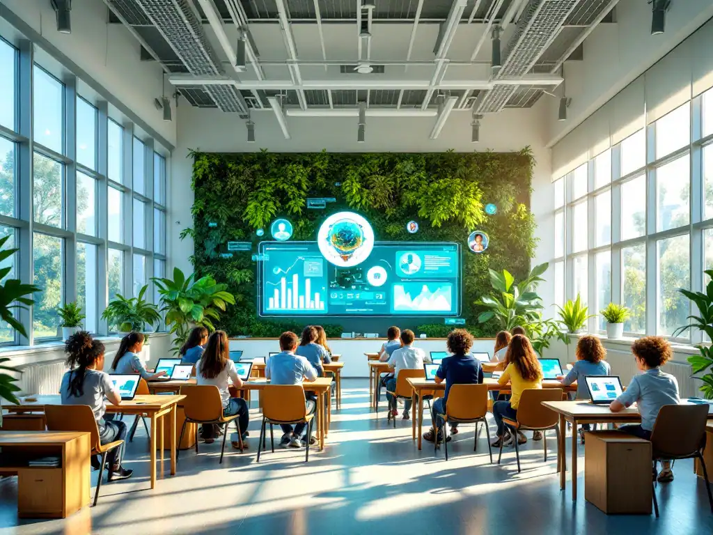 Moderne, lichte klaslokaal met flexibel meubilair, digitale schermen en duurzame elementen waar studenten samenwerken aan projecten in een innovatieve leeromgeving.