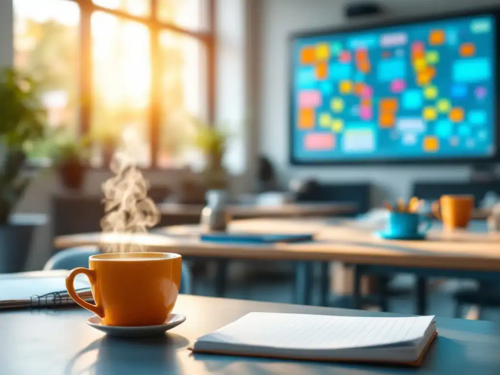 Modern klaslokaal met georganiseerde studietafels, digitale kennisbord, en notities in Rolf Groep-kleuren, verlicht door zonlicht na een productieve studiedag.