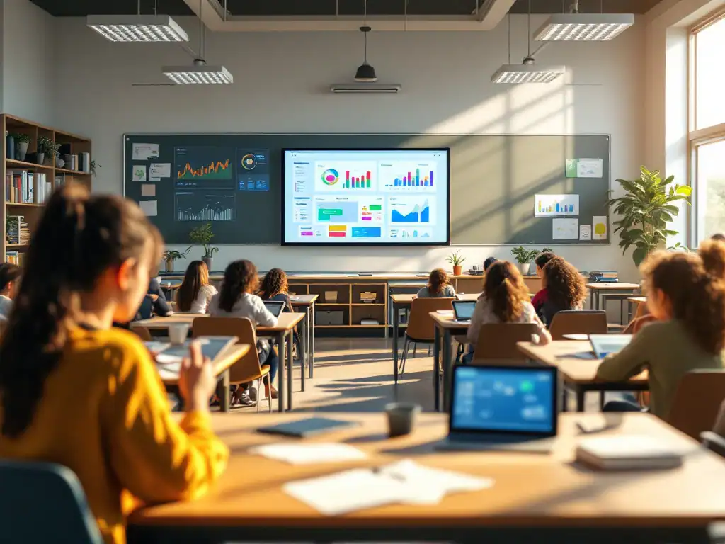 Modern klaslokaal met interactieve whiteboard, digitale en traditionele leermiddelen, flexibel meubilair en geïntegreerde onderwijstechnologie in een zonnige leeromgeving.
