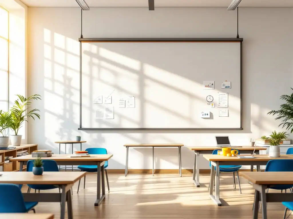 Modern klaslokaal met theoretische en praktische leerruimtes, natuurlijk licht, houten meubels met blauwe accenten voor evenwichtige professionele ontwikkeling.