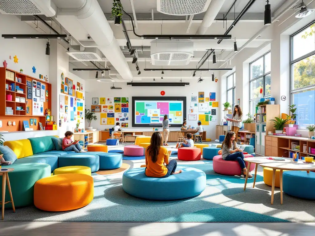 Moderne leslokaal met interactieve zones, modulair meubilair en natuurlijk licht, waarin digitale en traditionele leermiddelen samenkomen voor creatief onderwijs.