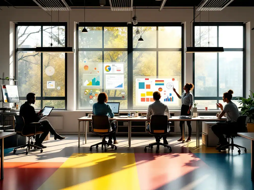 Modern klaslokaal met vier leerstations voor verschillende onderwijsstijlen: analytisch, hands-on, visueel en verbaal, in een Nederlandse onderwijsomgeving.