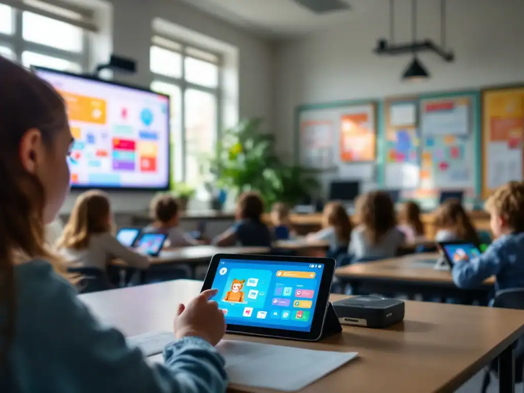Modern klaslokaal met interactief digibord, tablets op leerlingtafels en docentenwerkplek. Natuurlijk licht, posters over digitaal burgerschap en leerling die tablet gebruikt.