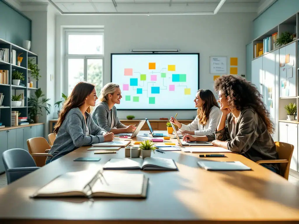 Leraren werken samen aan een tafel met tablets en materialen in een zonnige, moderne klaslokaal met interactief whiteboard en georganiseerde leermiddelen.