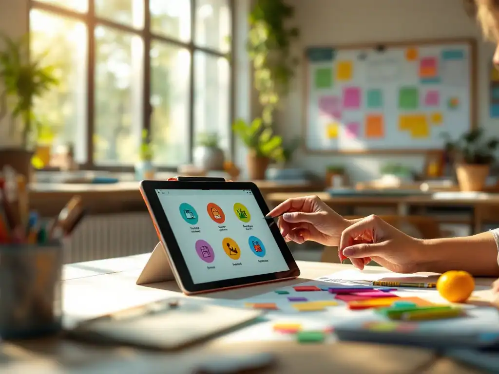 Leraar implementeert educatieve innovaties met kleurrijke materialen en digitale hulpmiddelen in een lichte klasruimte met samenwerkingshoeken en visuele denktools.