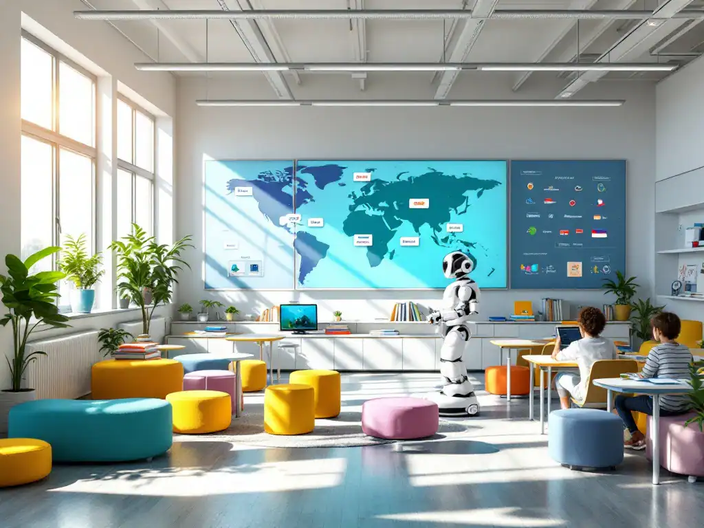 Modern klaslokaal met interactieve smartboards, modulair meubilair en onderwijsrobots. Zonlicht valt op wereldkaart met Finland, Singapore en Estland gemarkeerd.