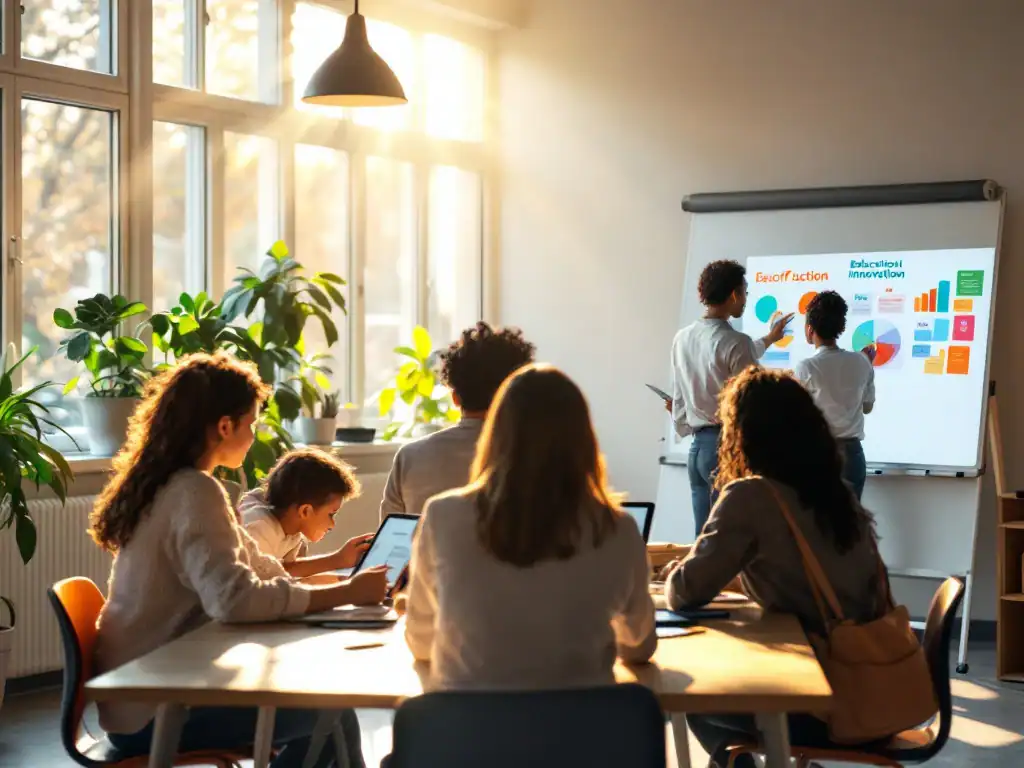Diverse volwassenen werken samen in een moderne klasomgeving met digitale tablets terwijl een onderwijsleider innovatieve grafieken presenteert bij zonlicht.