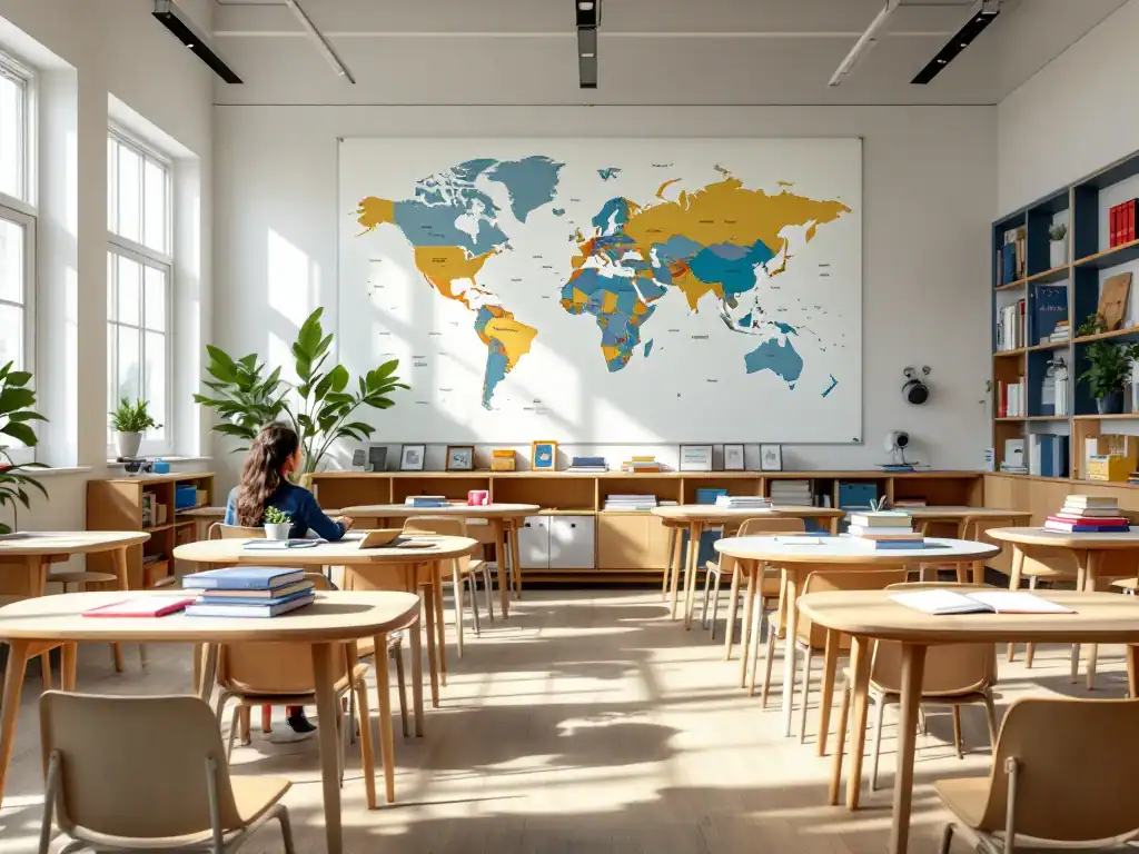 Modern Nederlands klaslokaal met traditionele rijen en internationale leertafels, wereldkaart als achtergrond en docentenbureau met diverse leermiddelen in natuurlijk licht.