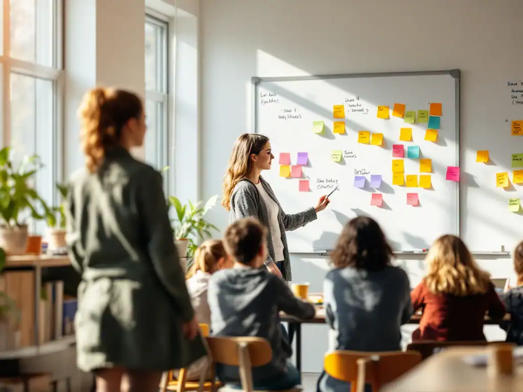 Leraar begeleidt leerlingen bij samenwerkingsactiviteit in lichte klasruimte met kleurrijke sticky notes op whiteboard, toonbeeld van iteratief leren in Nederlandse scholen.