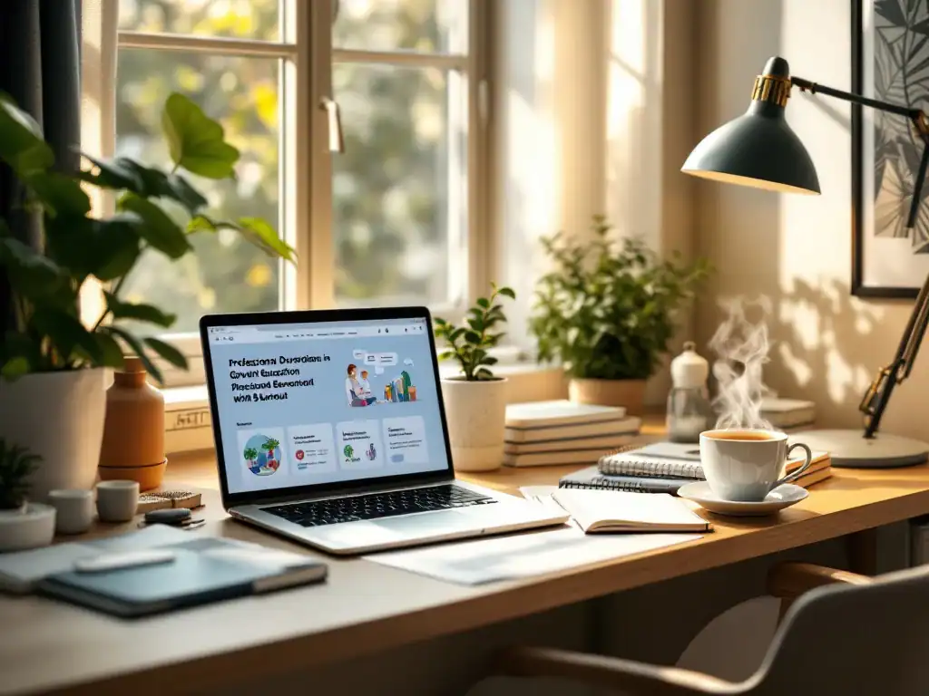 Rustige werkplek met educatieve materialen, laptop en plant naast wellness-elementen zoals thee en dagboek, badend in natuurlijk zonlicht op een minimalistisch bureau.