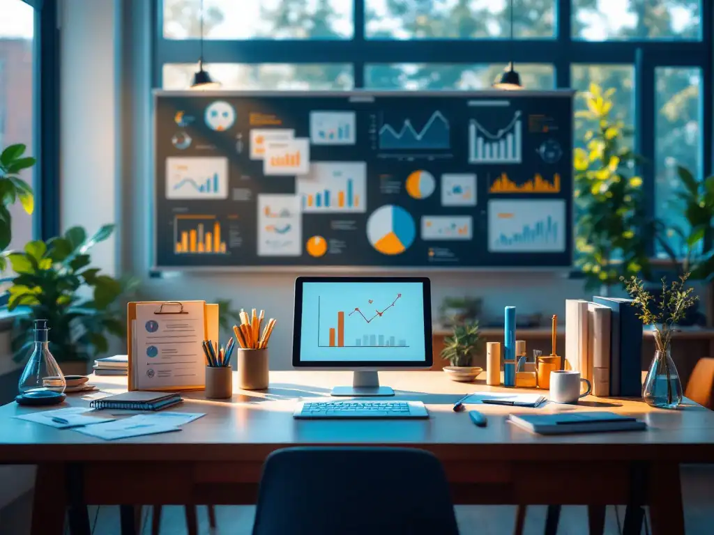 Modern klaslokaal met innovatieve evaluatiemethoden: tablet met data-analyse, feedbackformulieren, prestatiegrafieken en digitale leermiddelen in warm blauw-oranje licht.