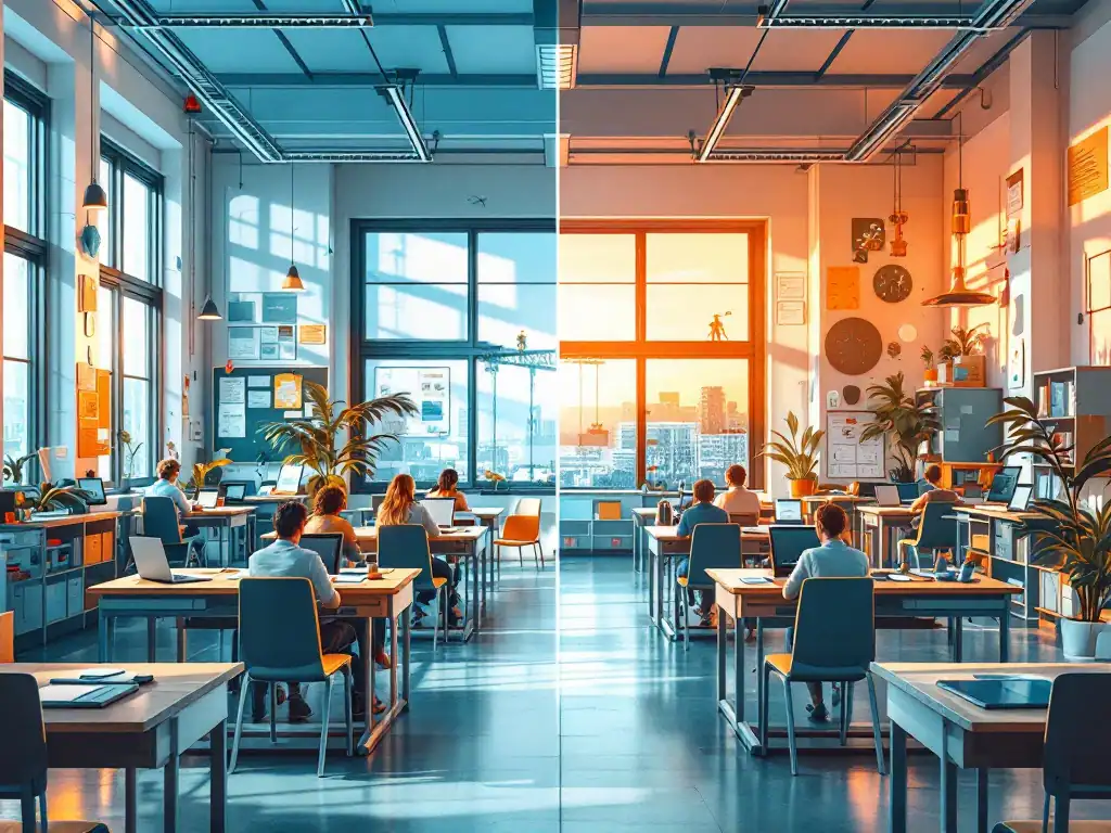 Modern klaslokaal dat de overgang toont van traditioneel naar innovatief onderwijs, met een brug tussen rigide structuren en digitale leerstations in blauwe en oranje tinten.