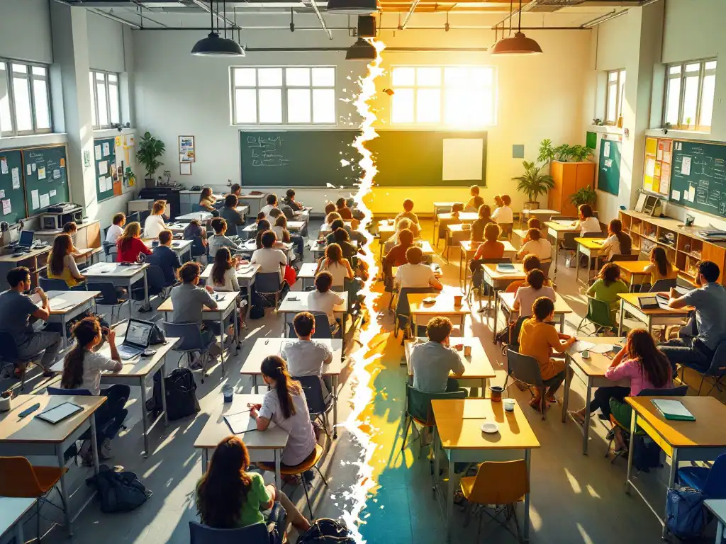 Klaslokaal in transformatie: traditionele opstelling verandert naar een dynamische leeromgeving met flexibel meubilair, technologie en natuurlijk licht.