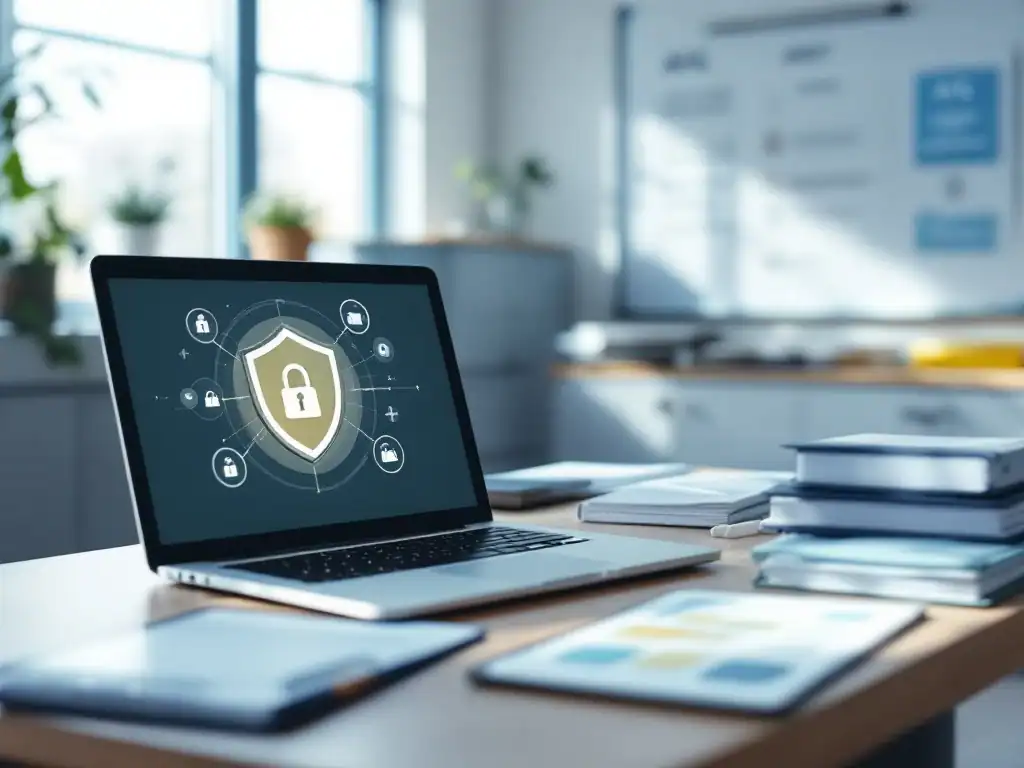 Moderne klaslokaal met privacybeschermde lerarencomputer, beveiligde studentendossiers en een digitaal whiteboard met AVG-implementatiedata in een professionele blauwe omgeving.