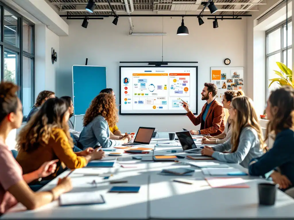 Diverse docenten in moderne klaslokaal tijdens professionele ontwikkelingsworkshop, samenwerkend rond interactief whiteboard met natuurlijk licht.