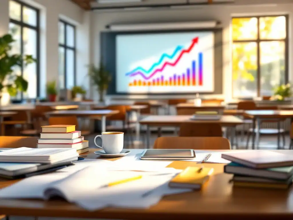 Modern klaslokaal met docentenbureau vol professionele materialen, samenwerkingsgroepen, en datadisplay die stijgende leerresultaten toont in warm daglicht.