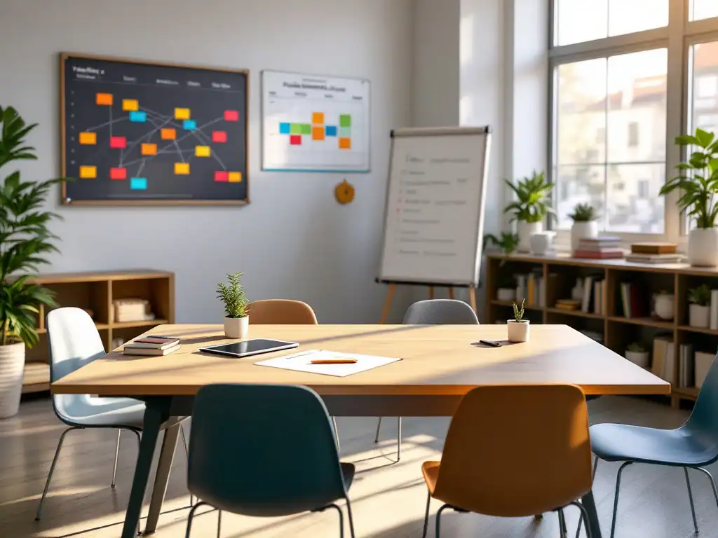 Moderne klaslokaal met professioneel ontwikkelingsplan op bureau, stoelen in halve cirkel, vaardigheden-matrix op whiteboard en trainingsdata op wandkalender.