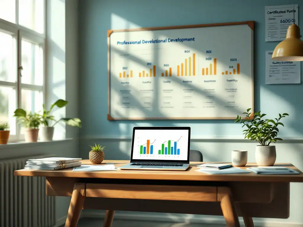 Moderne klaslokaal met professionele ontwikkelingsmaterialen, ROI-grafiek, laptop met analyses en educatieve hulpmiddelen in een zonnige, uitnodigende omgeving.