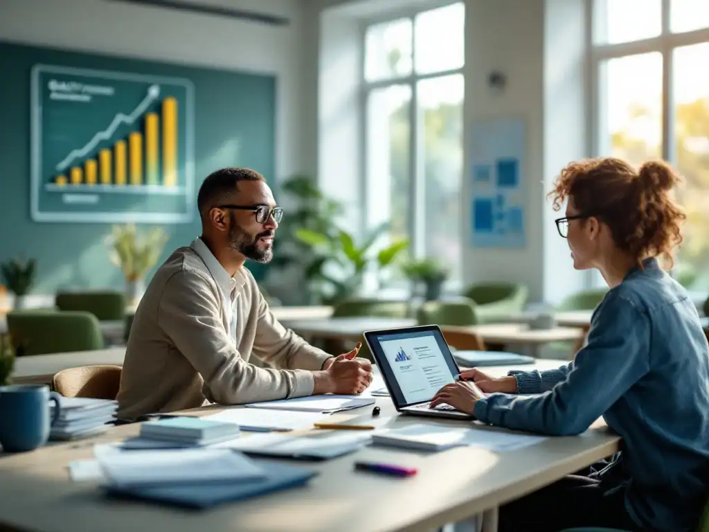Leraar in moderne klasomgeving tijdens professionele ontwikkelingssessie met educatieve materialen, digitale leermiddelen en kwaliteitsbeoordelingsgrafieken.