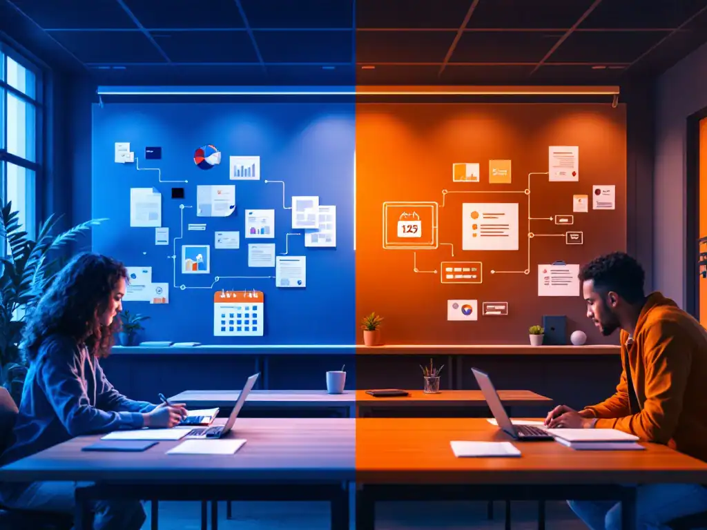 Vergelijking tussen eenmalige workshop en doorlopende professionele ontwikkeling in onderwijsomgeving, getoond in contrasterende scènes met geïntegreerde leertechnologie.