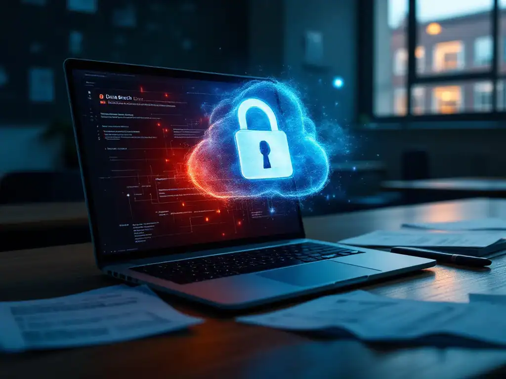 Datalek-waarschuwing op laptop in klaslokaal met verstrooide studentgegevens en digitale schaduwdreiging, schoolgebouw zichtbaar door raam.