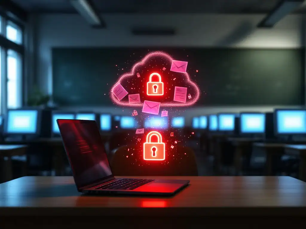 Beveiligingsinbreuk in klaslokaal: rode waarschuwing op docentenlaptop, digitale documenten die naar cloud lekken en gebroken sloten op archiefkast.