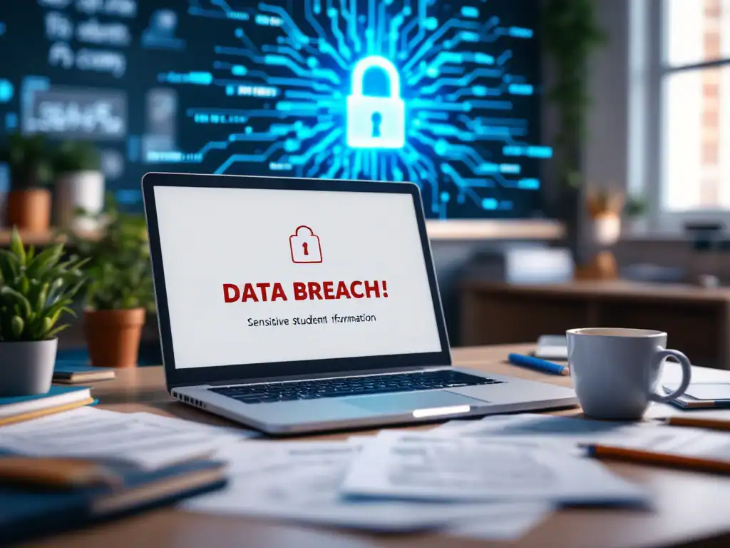 Datalek in een klaslokaal: laptop met waarschuwingsscherm, gevoelige studentgegevens op bureau, gebroken digitaal slot en onderwijsmaterialen in blauwe verlichting.