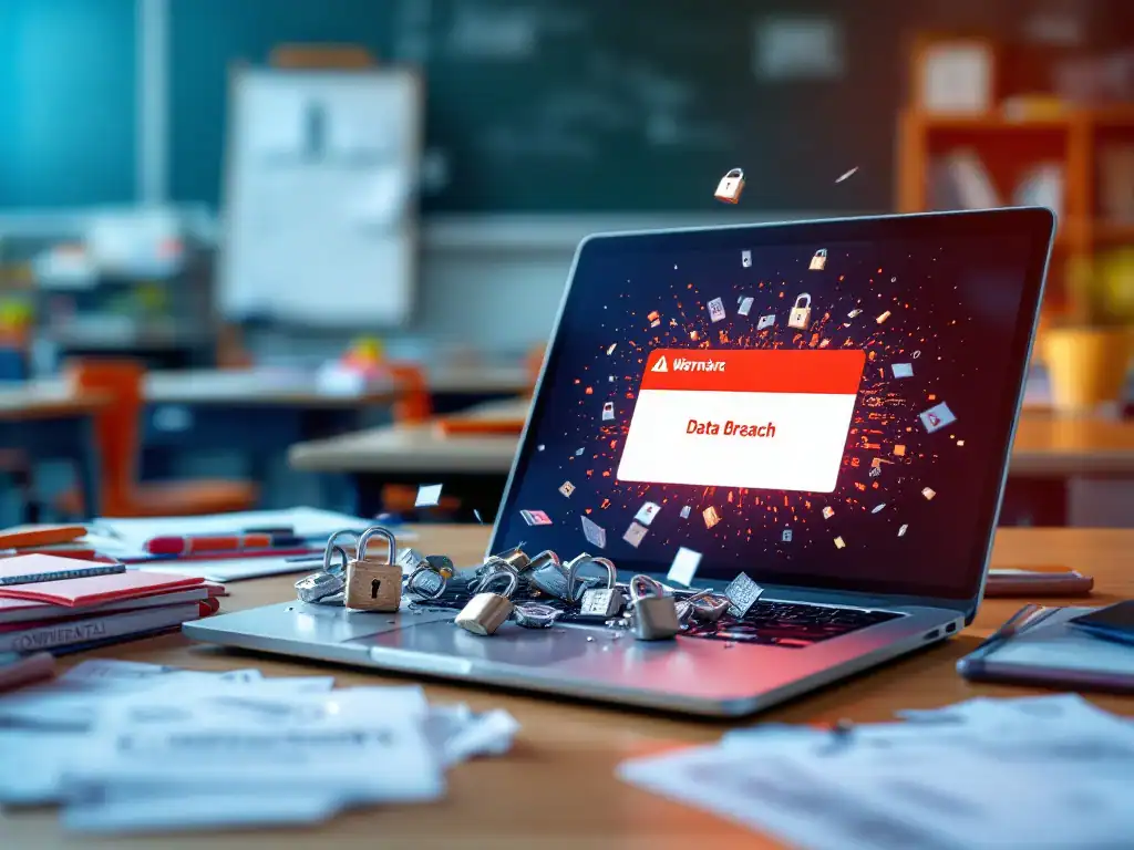 Datalek-waarschuwing op laptop in klaslokaal met lekkende bestanden die veranderen in hangsloten, tegen achtergrond van onderwijsmaterialen en vertrouwelijke documenten.