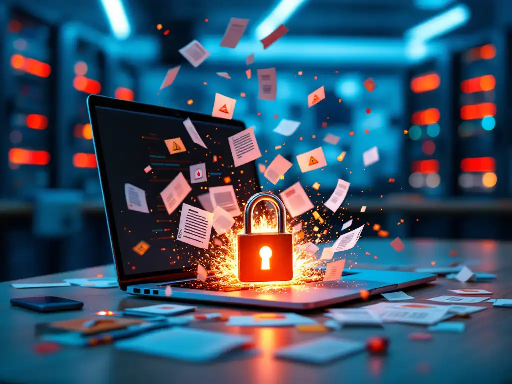 Datalek op schoollaptop toont documenten met privacymarkeringen en gebroken digitaal slot in klaslokaal, met rode waarschuwingslichten op servers.