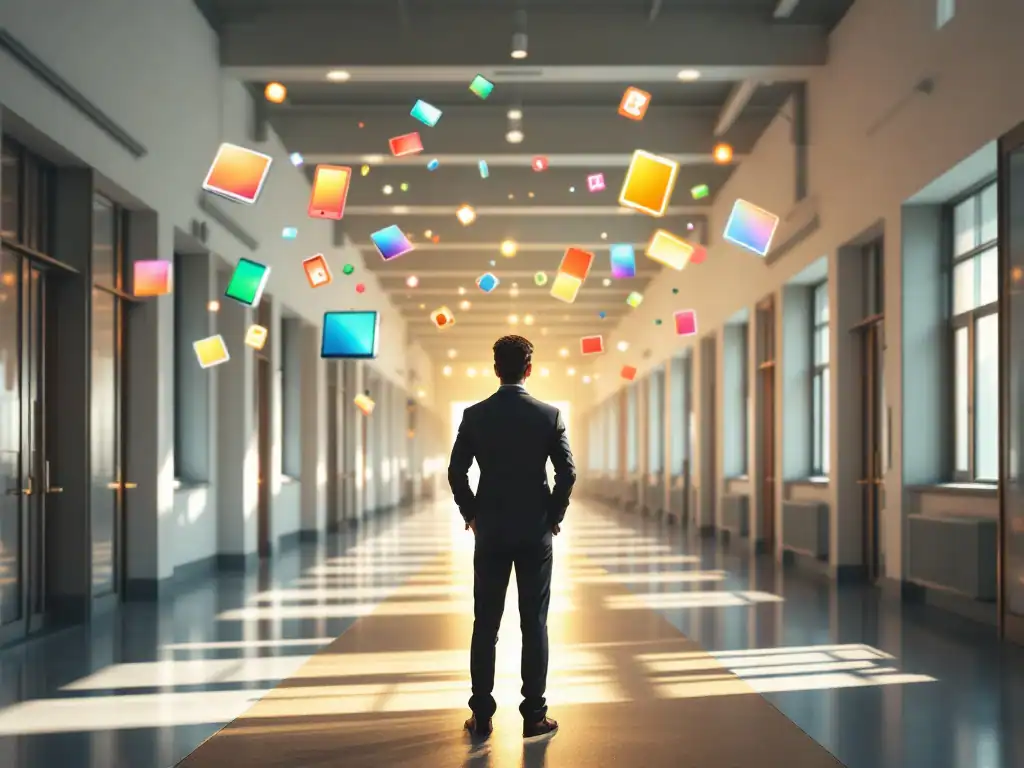 Schooldirecteur op kruispunt van twee gangen met innovatieve leermiddelen in één richting en een balans tussen innovatie en werkdruk in de andere richting.