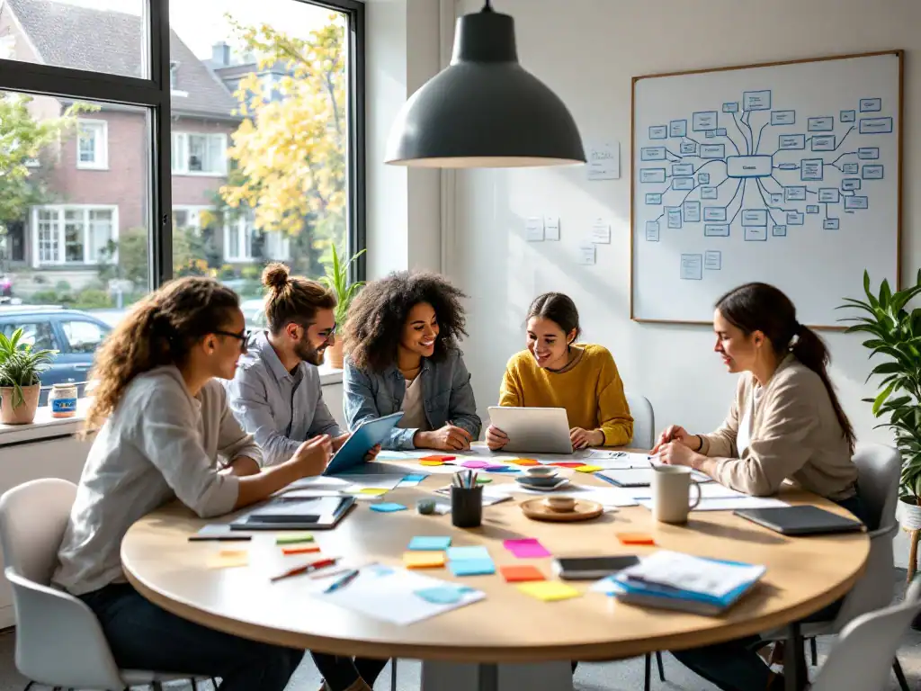 Diverse onderwijsprofessionals werken samen aan ronde tafel in lichte schoolleiderskamer met mindmap, digitale tools en uitzicht op levendige schoolomgeving.